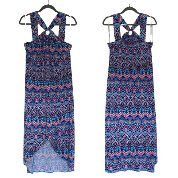 Tommy Bahama, Prima Peacock Halter Midi Dress, Amalfi Sea, Blue, Teal, Red Multi - Picture 4 of 11